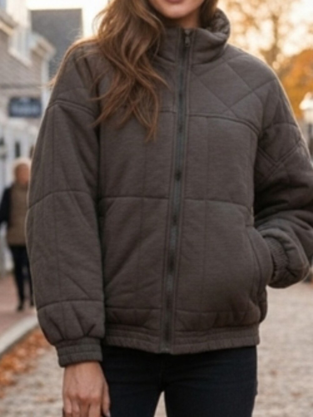 Skies Are Blue Quilted Zip-Up Bomber Jacket 100% Cotton Olive Green Brown Size S